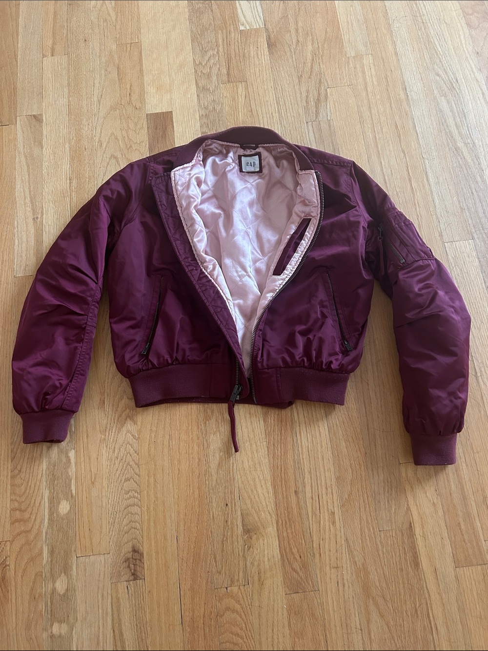 GAP Burgundy Bomber Jacket with Pale Pink Lining
